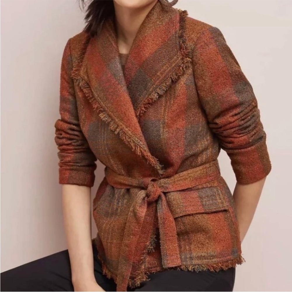 Anthropologie Cartonnier Tweed Orange Brown Plaid Blazer Jacket Fringe Belt